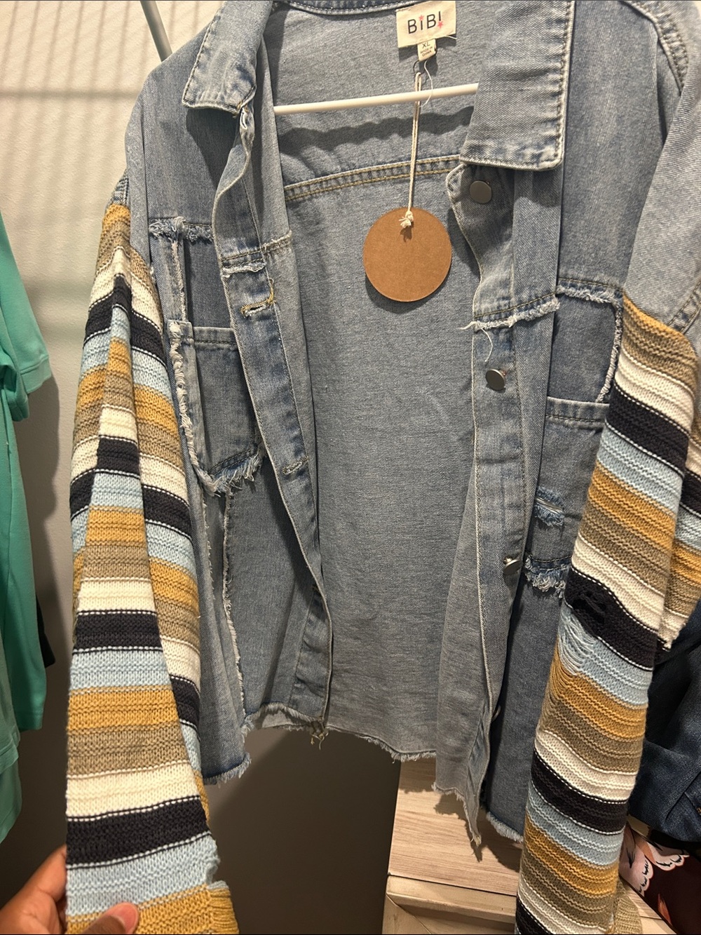 BiBi Light Blue Denim Jacket with Multicolor Striped Knit Sleeves